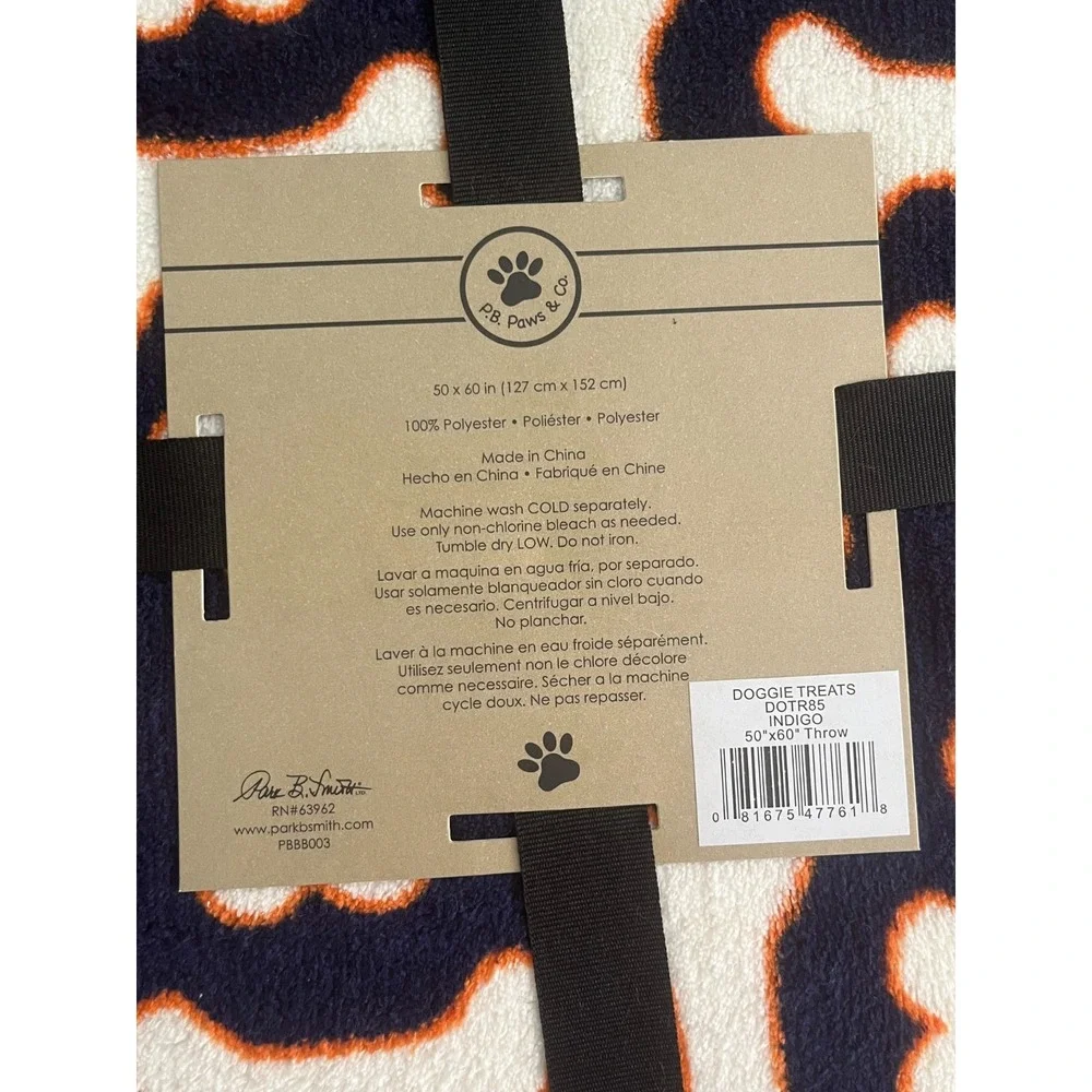 PB Paws & Co. Dog Treats Throw Blanket 50x60 Fleece Navy White Orange Bones Soft
